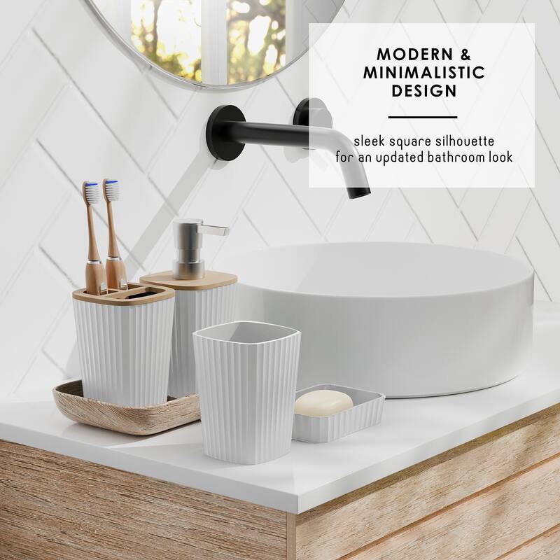 Empyrean Bamboo Bathroom Accessories Set with Shower Curtain Set, Toilet Brush, Trash Can & Soap Dispenser