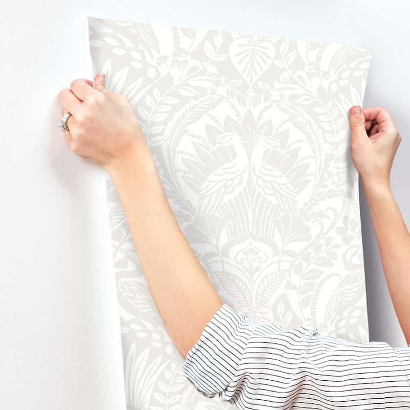 Exeter Neutral/White Sure Strip Prepasted Damask Egret Damask Wallpaper