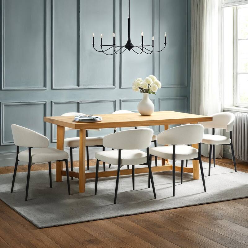 Walker Edison 7-Piece Rustic Solid Oak Wood Dining Table with Upholstered Chairs