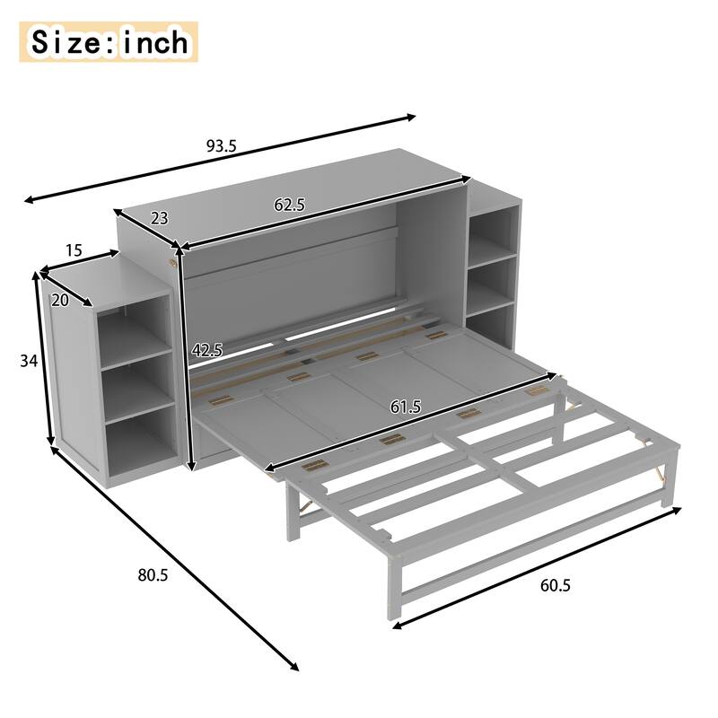 Roomfitters Murphy Bed with Storage Drawers and Shelves, Solid Wood Wall Bed Cabinet