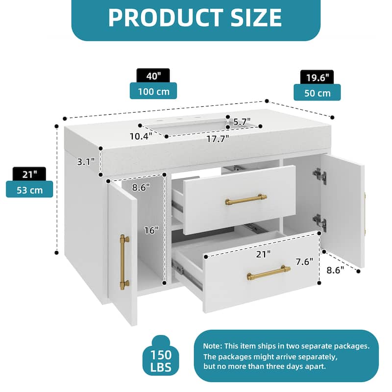 Moasis 40"/48" Wide Floating Wall Mounted Bathroom Vanity with 2 Drawers & 2 Storage Cabinet