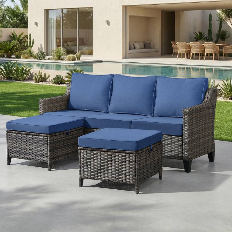 Meyreso Gray Wicker 3-Seat Patio Sofa with 4-Inch Thick Cushions and ottomans - Navy Blue