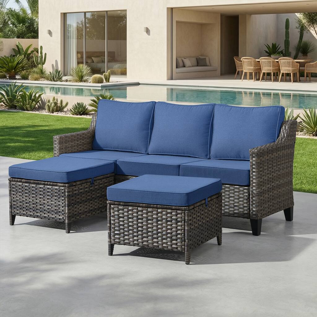 Meyreso Gray Wicker 3-Seat Patio Sofa with 4-Inch Thick Cushions and ottomans