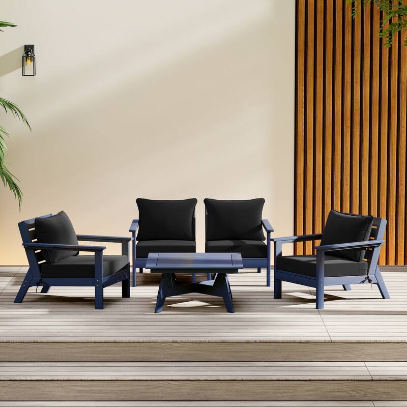 Birchwood All Weather HDPE Outdoor Patio Navy Blue Deep Seating Conversation Set (5-Piece Set) - Navy Blue/Black