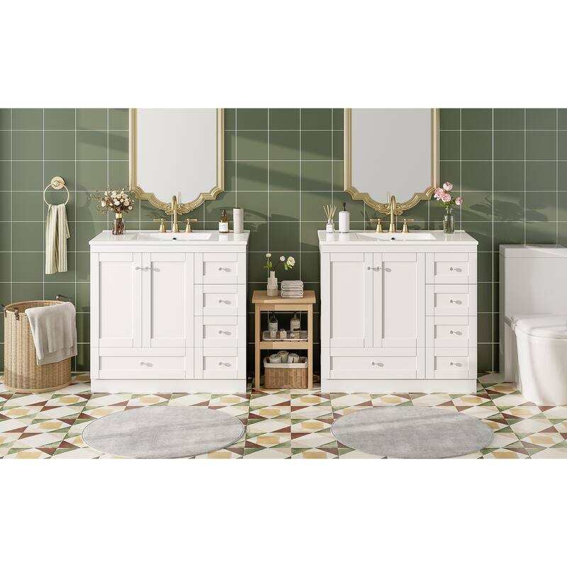 GDFStudio - Natura Shaker Style Double Ceramic Sink Freestanding Bathroom Vanity Set with Soft-close Drawers and Doors, Set of 2