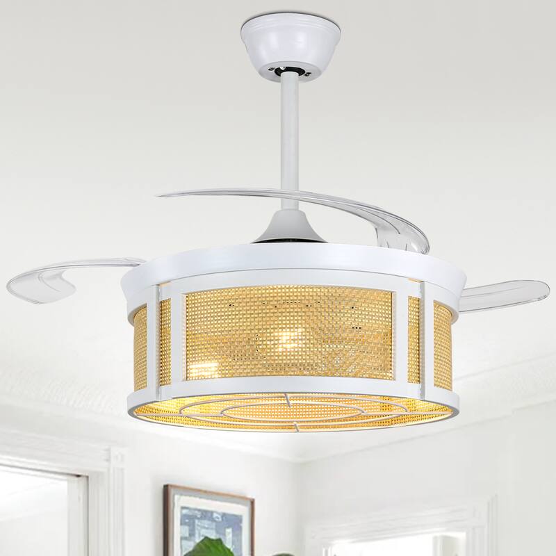 Cusp Barn 42'' Retractable Ceiling Fan with Lights and Remote, Boho Rattan Fandelier, Farmhouse Caged Chandelier Ceiling Fan