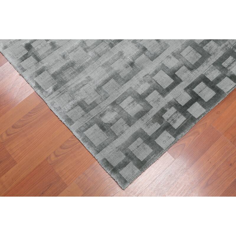 3'x5' Hand Tufted Bamboo Silk Loop n Cut Pile Geometric Oriental Area Rug Tone on tone Aqua, Color - 3' x 5'