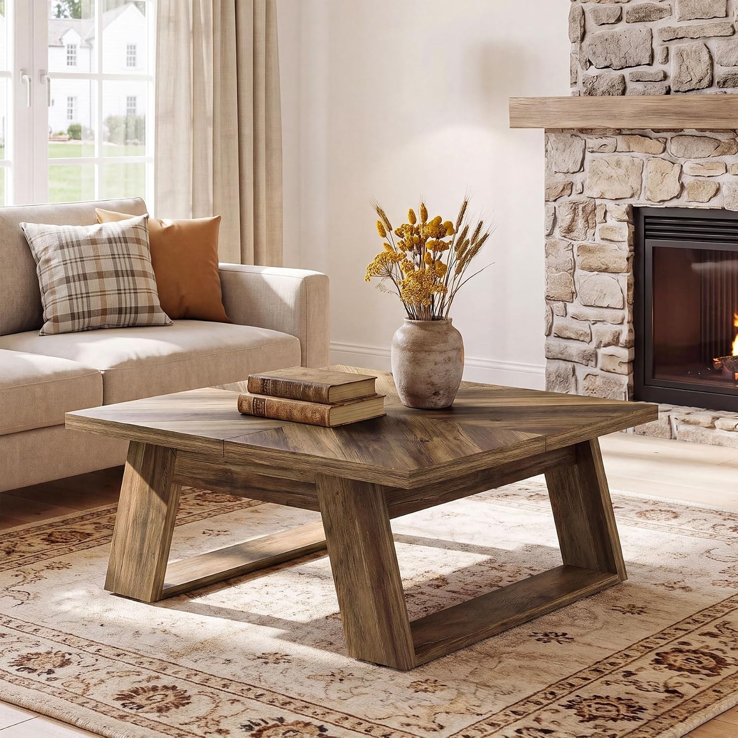 39.4-Inch Square Coffee Table, Farmhouse Living Room Center Table