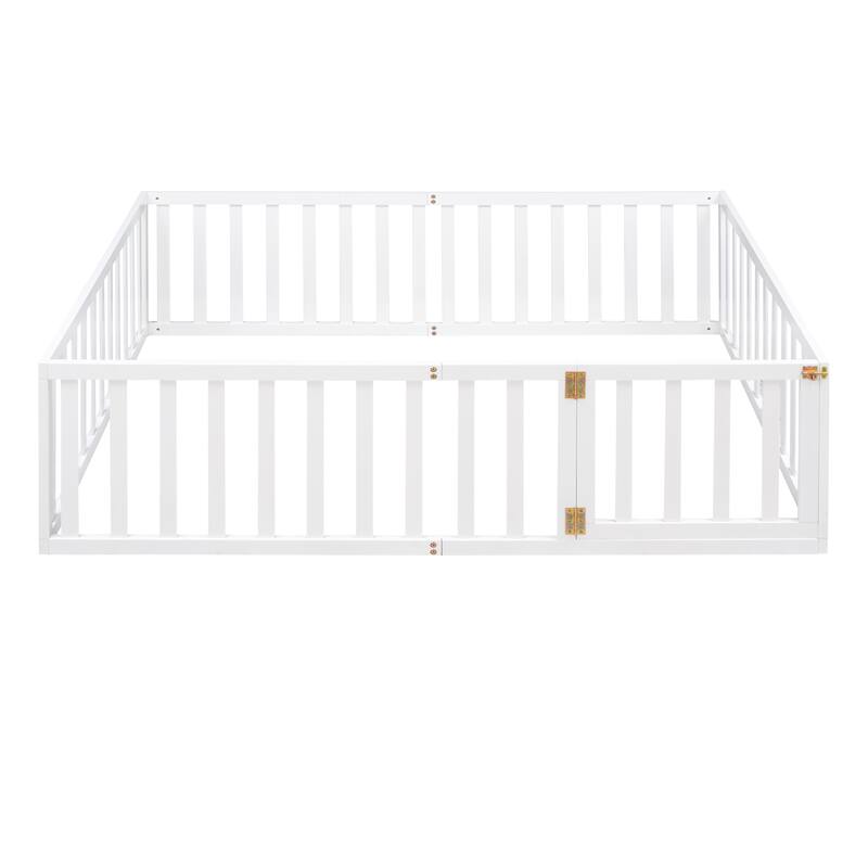 Full Size Floor Bed Frame with Safety Fence and Door Solid Wood Construction