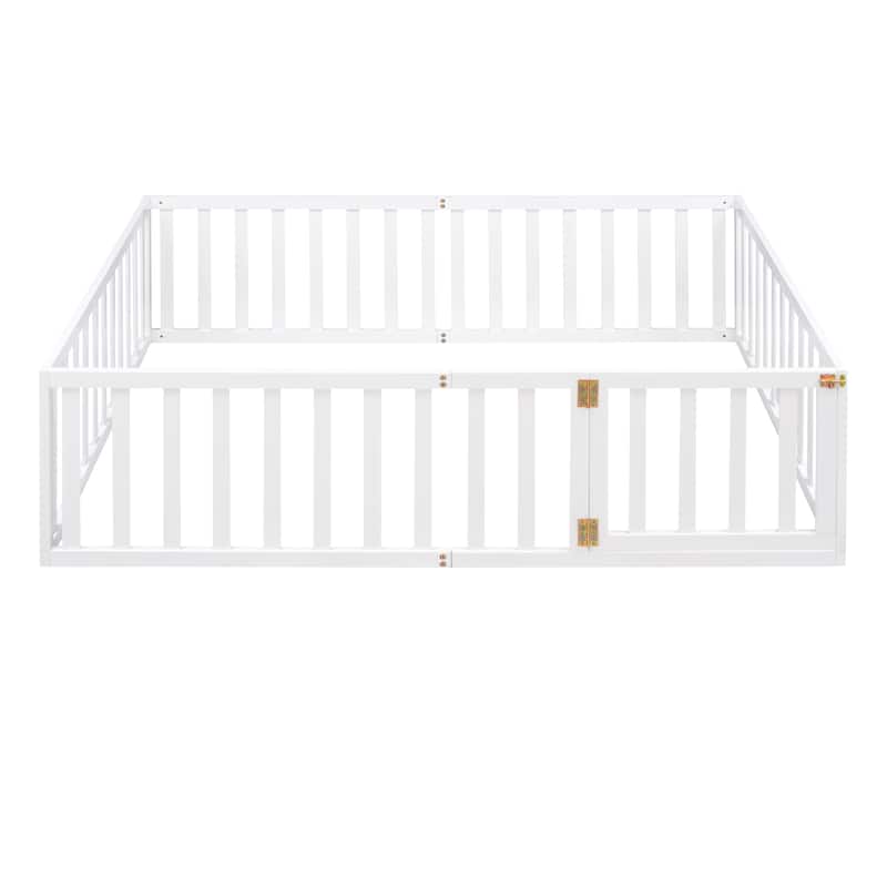 Safe Play Area, Full Size Wooden Floor Bed Frame with Fence and Door, Open Design Low Bed for Kids, Without Slats