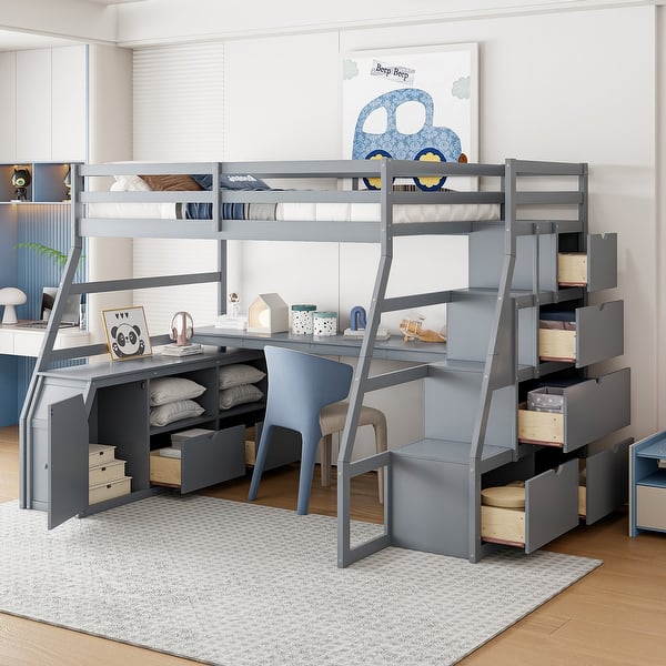 slide 2 of 46, Full Size Loft Bed with 7-Drawers, 2-Shelves, Desk, and Playhouse Design - Sturdy Pine Wood Frame with Grey Finish for Kids Grey