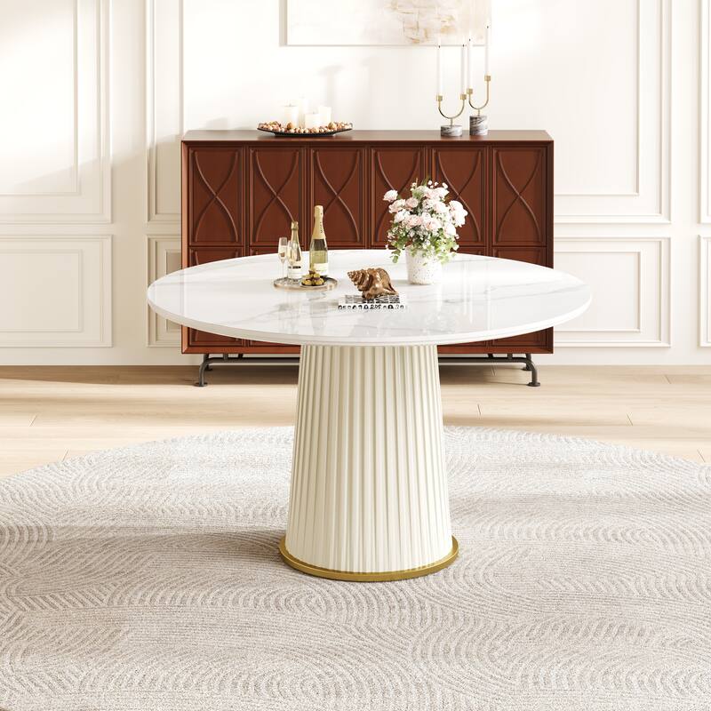 Modern 43.3 Inch Round Dining Table, Glossy Sintered Stone Top with Pleated PU Leather Iron Pedestal, Adjustable Feet - White