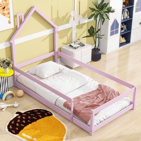 slide 2 of 9, Twin Size Wood Floor Bed with House-Shaped Headboard and Fences, Pink - Pine Wood Frame for Kids' Bedroom Pink