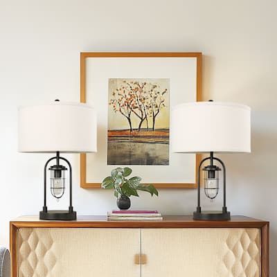 Metal Table Lamp With Night Light Linen Shade Set of 2