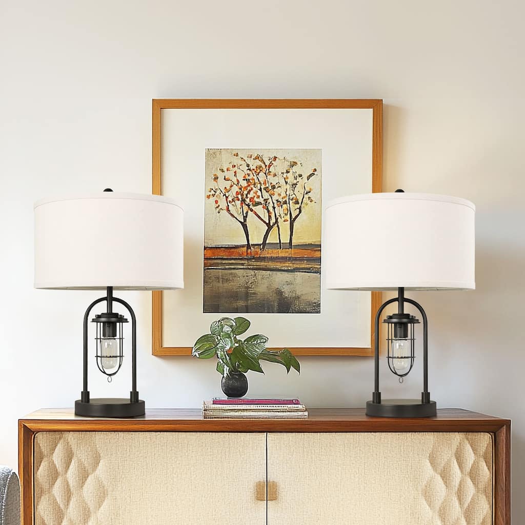 Metal Table Lamp With Night Light Linen Shade Set of 2