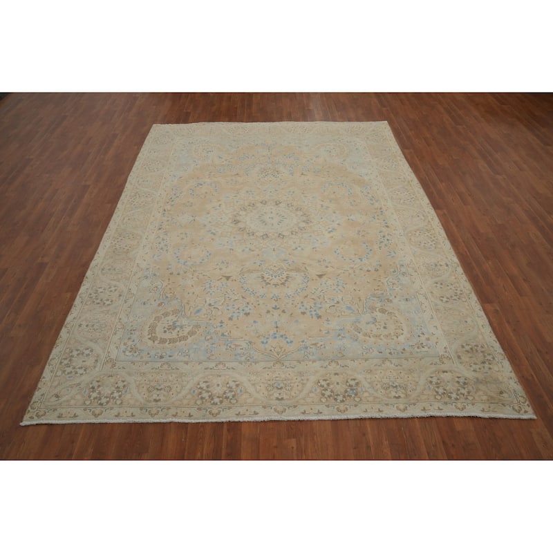 Hand Knotted Oriental 100% Wool Carpet Traditional Floral Beige & Ivories Tabriz Area Rug - 11' 0'' X 8' 1''