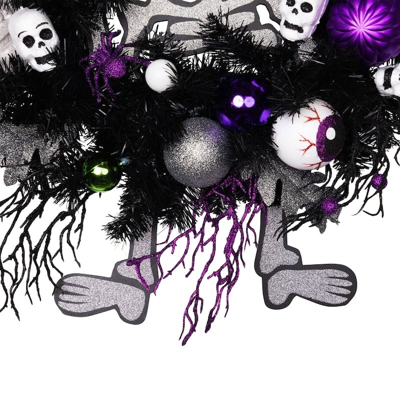Purple and Black Spooky Skeleton Pine Halloween Wreath, 24-Inch, Unlit