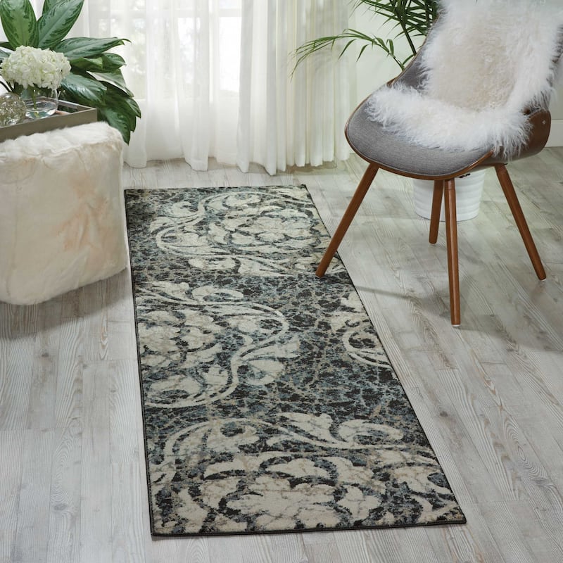 Nourison Maxell Modern Distressed Floral Mosaic Area Rug - 2'2" x 7'6" Runner - Ivory/Charcoal - Runner/Rectangle