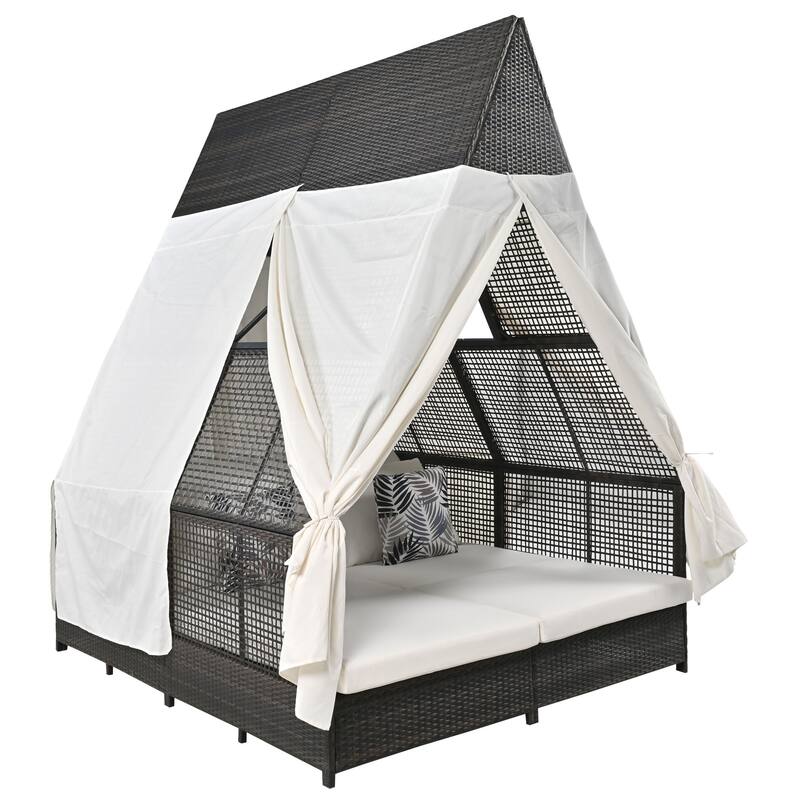 Outdoor Patio Rattan Daybed Sunbed with Triangle Tent, Adjustable Backrest, and Curtains
