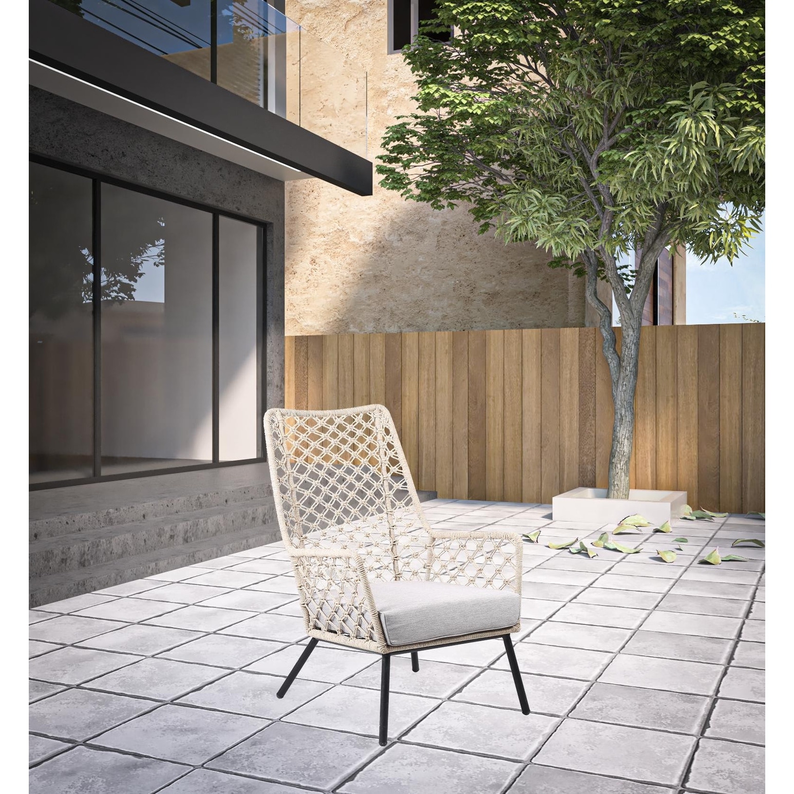 26" Gray Metal Outdoor Dining Chair with Gray Cushion