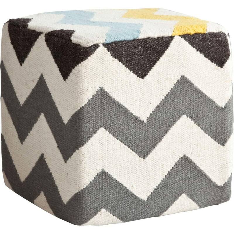 Alliaria XI Ivory/Charcoal Wool Zig-Zag Pattern Sqaure Pouf