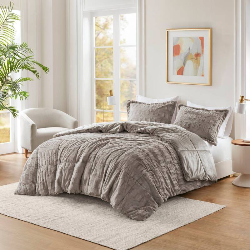 2 PCS Twin/Twin XL Solid Faux Fur Comforter Mini Set Gray - Gray