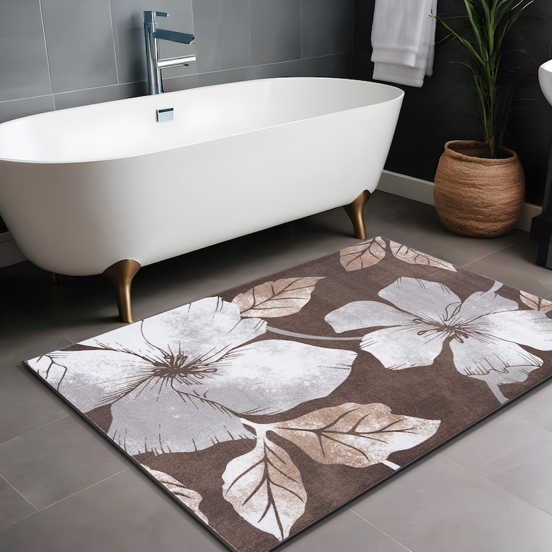 Bahamas Black White Floral Non-Slip Rubber Back Indoor Area Rug