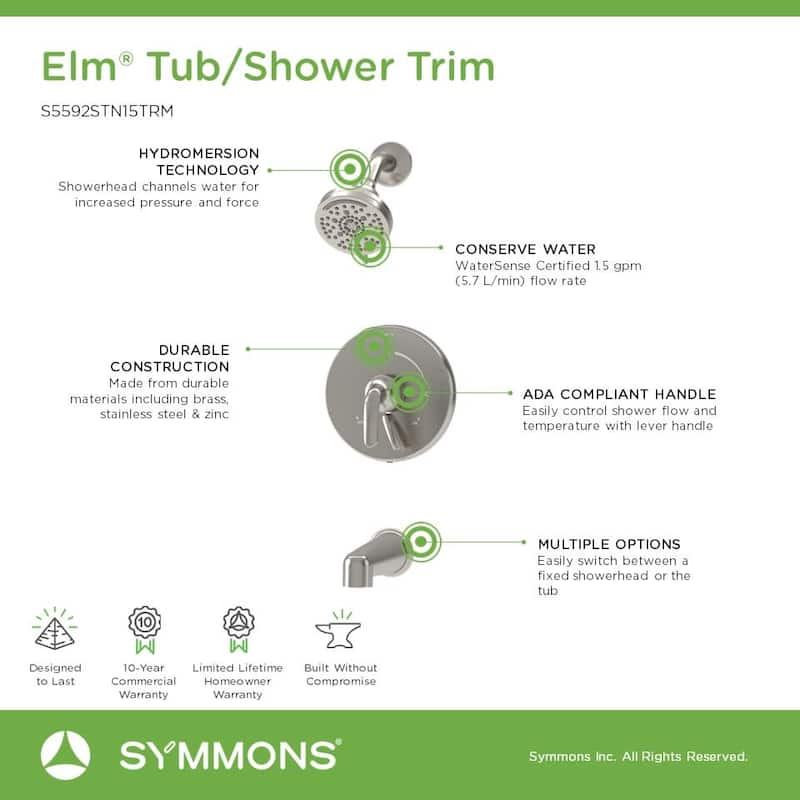 Symmons S559215TRM Birch Tub and Shower Trim Package with 1.5 GPM