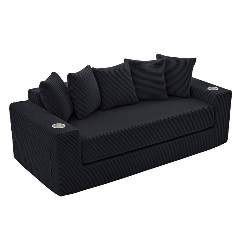 2-in-1 Convertible Sleeper Sofa, Floor Folding Couch, Sofa Bed with Side Pocket, Pull Out Loveseat with Cup Holders