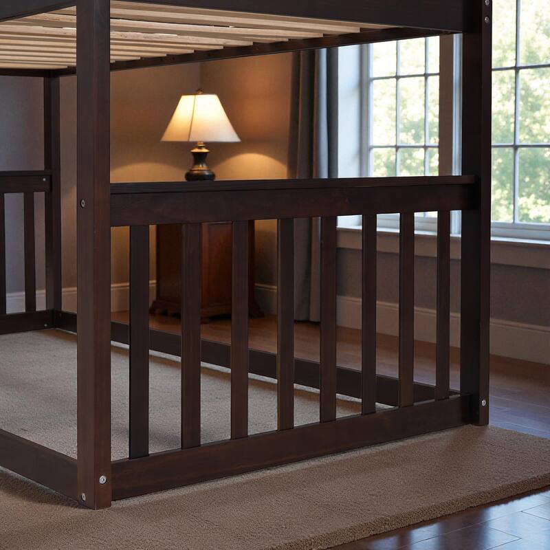 Twin Over Twin House Bunk Bed with Roof and Ladder, Solid Wood Frame, Playhouse Style Kids Bed, No Box Spring Needed