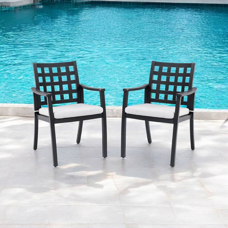 KISRAIS Modern Outdoor 2PC Aluminum Patio Dining Chairs, Sunbrella Fabric Cushion - Black