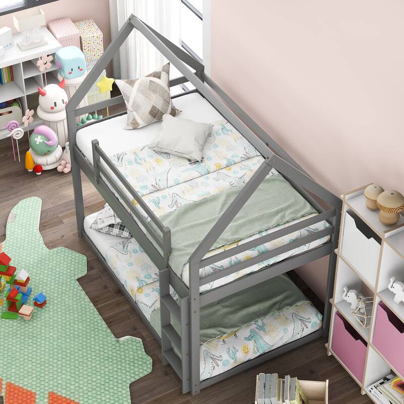 Low Bunk House Bed with Ladder, Twin over Twin, Gray