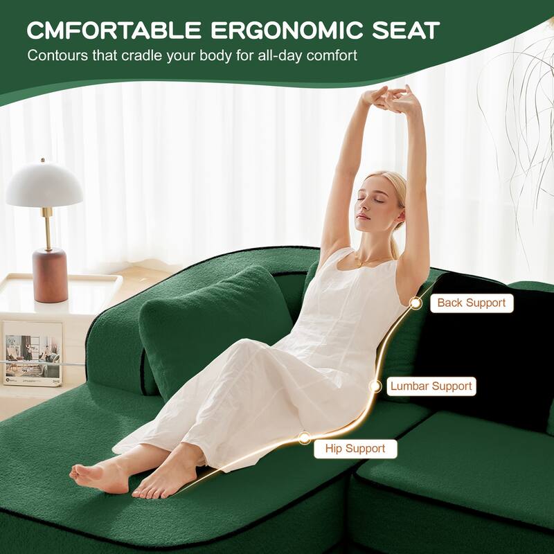 Teddy Fabric Contrast Sofa for Living Room, Upholstered Sectional Couch with L-Shaped Chaise, Boneless Couch with Throw Pillows