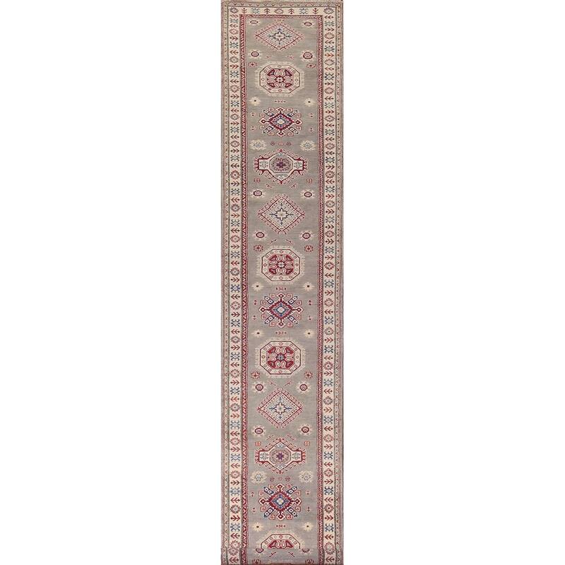Gray Geometric Kazak Runner Rug Handmade Oriental Wool Carpet - 2'8" x 19'5"