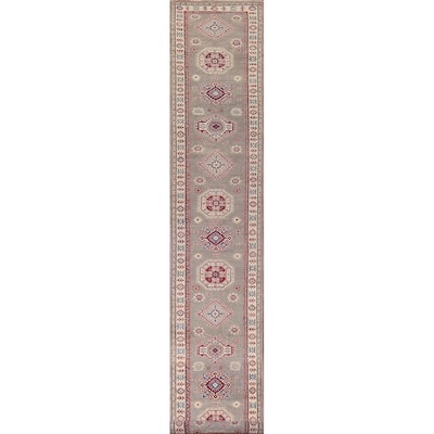 Gray Geometric Kazak Runner Rug Handmade Oriental Wool Carpet - 2'8" x 19'5"