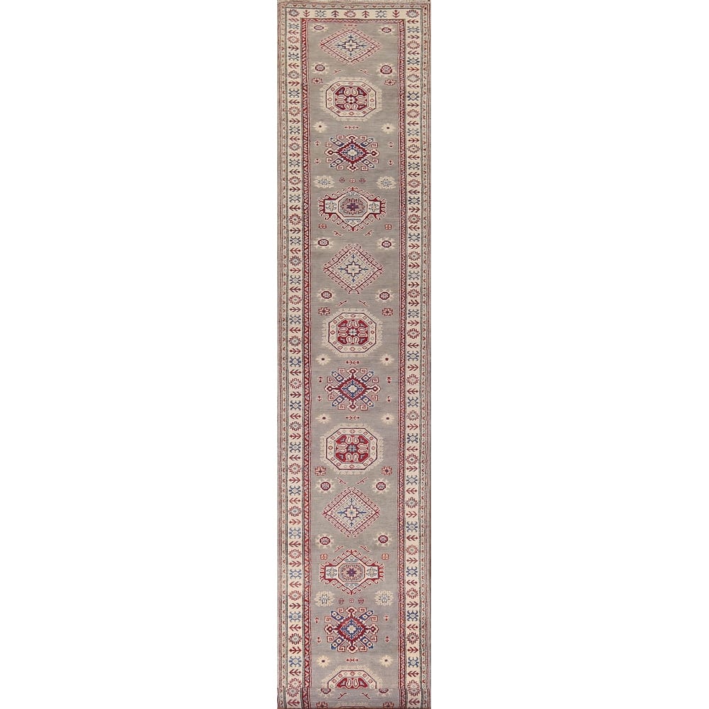 Gray Geometric Kazak Runner Rug Handmade Oriental Wool Carpet - 2'8" x 19'5"