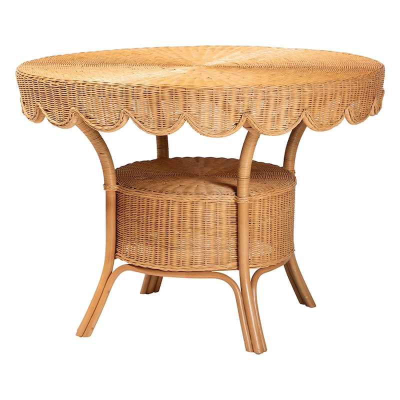 Ayumi 5-Piece Round Rattan Dining Set - Handwoven Wicker Scalloped Table and 4 Barrel Chairs, Boho Coastal Style