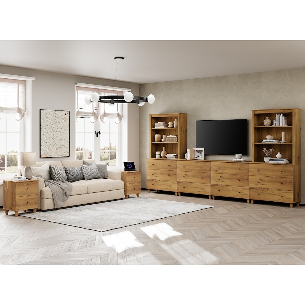 WAMPAT TV Stand and End Table Set of 3, Entertainment Center for 75" TV with Drawers, 2 Charging Side Tables for Living Room