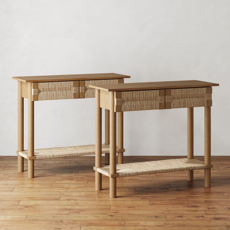 Beacon Wooden Sofa Console Table with Drawers, Bohemian Entryway Table, Hallway Table with Seagrass Shelf