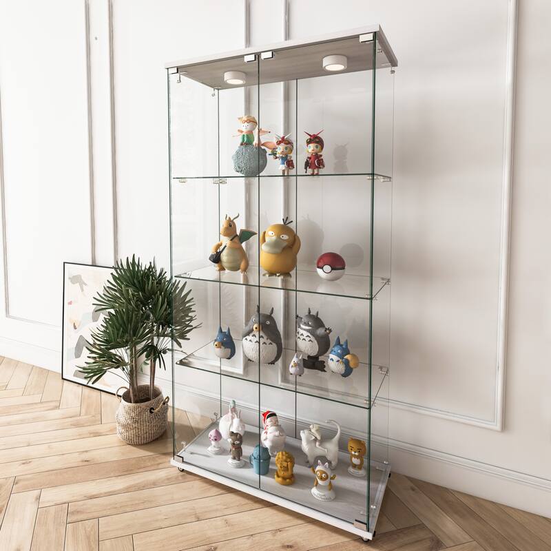 Modern Glass Display Cabinet with LED lights, Quick-assembly Antique Cabinet, Tempered Glass Bookshelf
