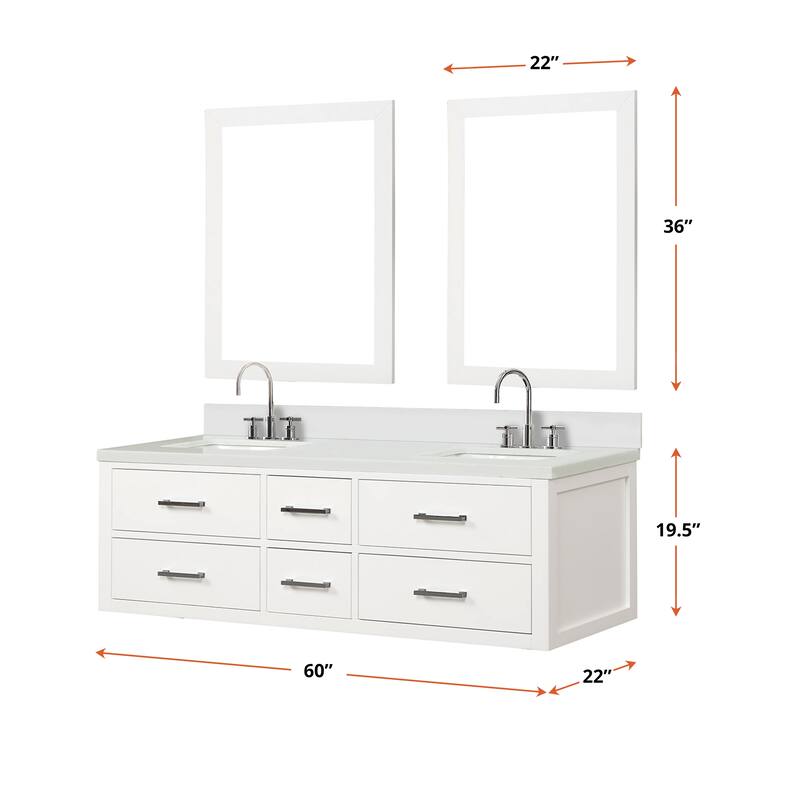Castor 60 in W x 22 in D Black Double Bath Vanity, White Quartz Top, Faucet Set, and 28 in Mirrors