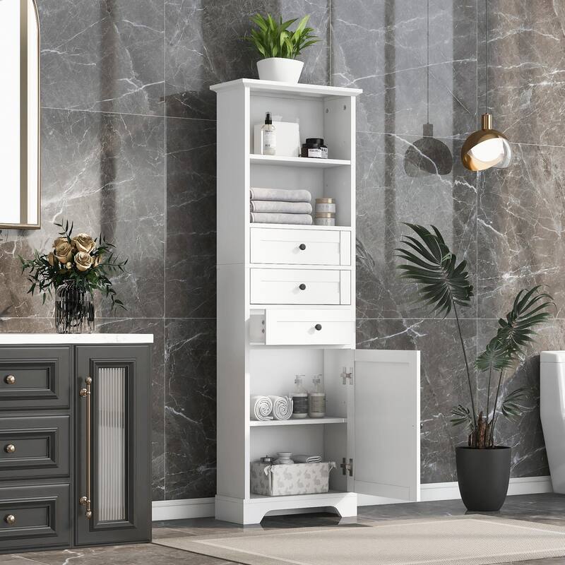 Tall Storage Cabinet with 3 Drawers and Adjustable Shelves for Bathroom - White