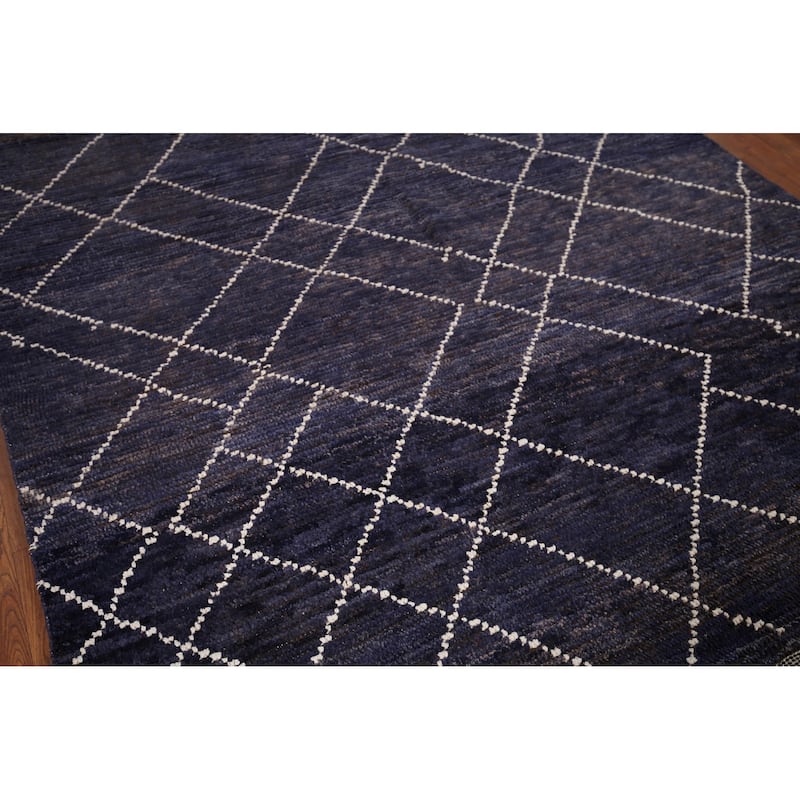 Navy Blue Trellis Moroccan Area Rug Hand-Knotted Wool Carpet - 6'9"x 10'5"
