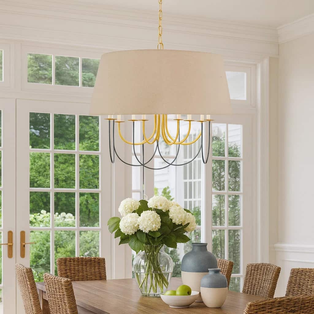 Pomy 28 Inch Chandelier, Hardback Burlap Shade, Gold Black Metal