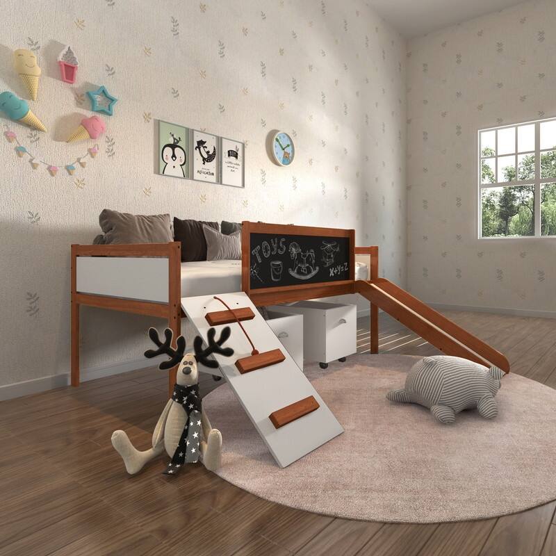 Junior Twin Low Loft with Slide & Chalkboard in Espresso