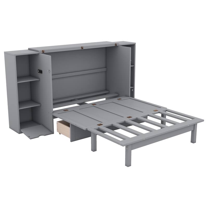 Full Size Murphy Bed with Shelves, Drawers, and LED Lighting