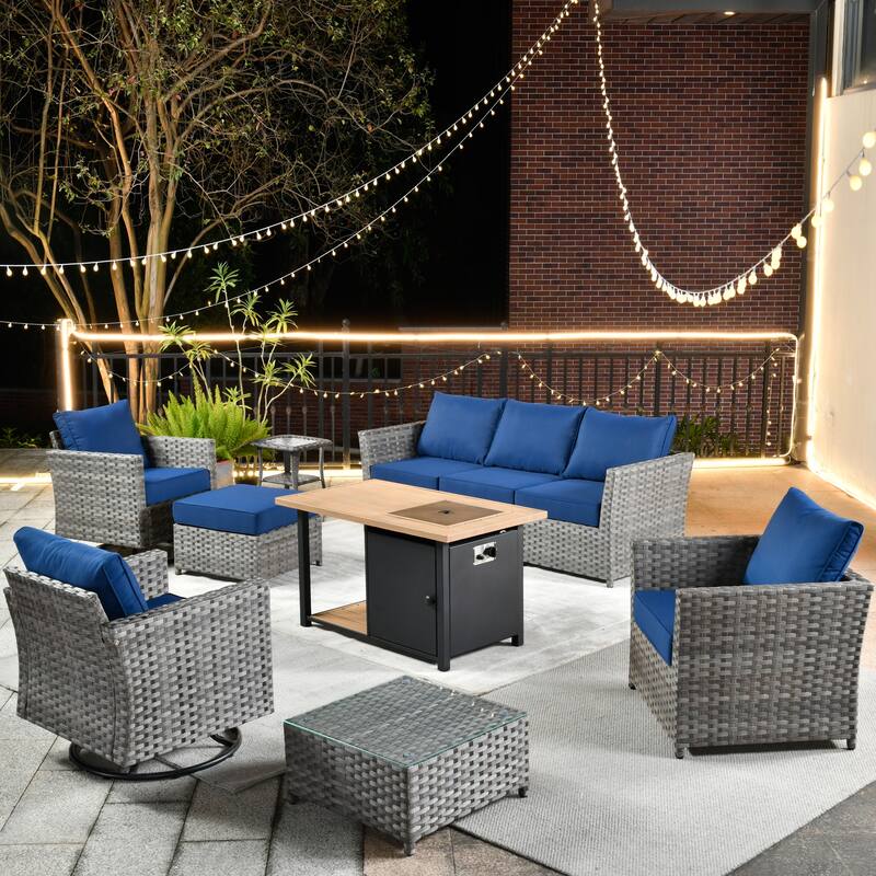 HOOOWOOO 10-piece Outdoor Grey Wicker Patio Furniture Set with Fire Pit Table