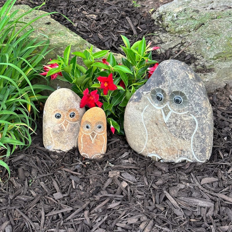 Natural Granite Boulder Animal Statues - 3 Piece Families - Dog, Angry Bird, Hedgehog, Cat, Owl, or Turtle - Owl