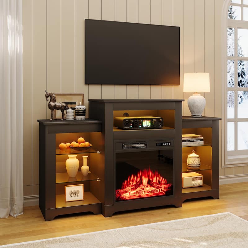 32" H Fireplace TV Stand, 55/70 Inch Media Console for TVs up to 80", Remote, Storage & LED Lights