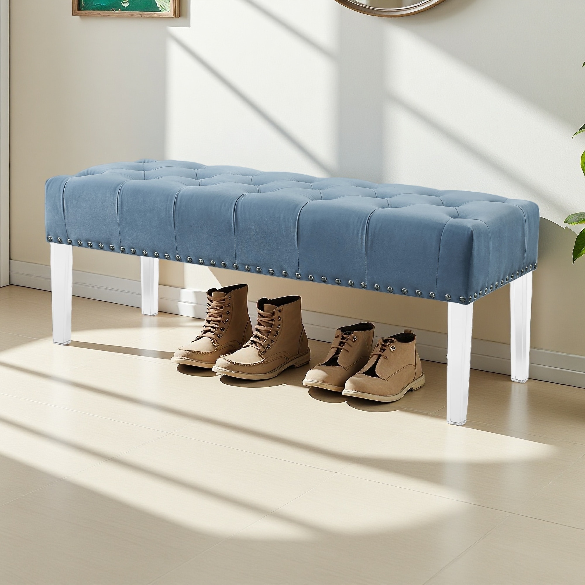 49"L Valley Button Tufted Velvet Upholstered Bench, Acrylic Legs, Dense Foam Padding, Chic Modern Style with Nailhead Trim